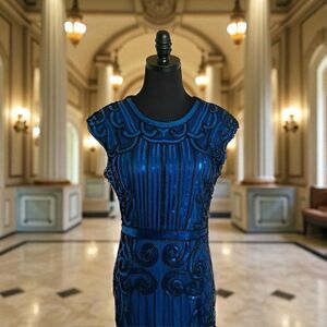 Art Deco Flapper Dress Costume Sequined Beaded Blue